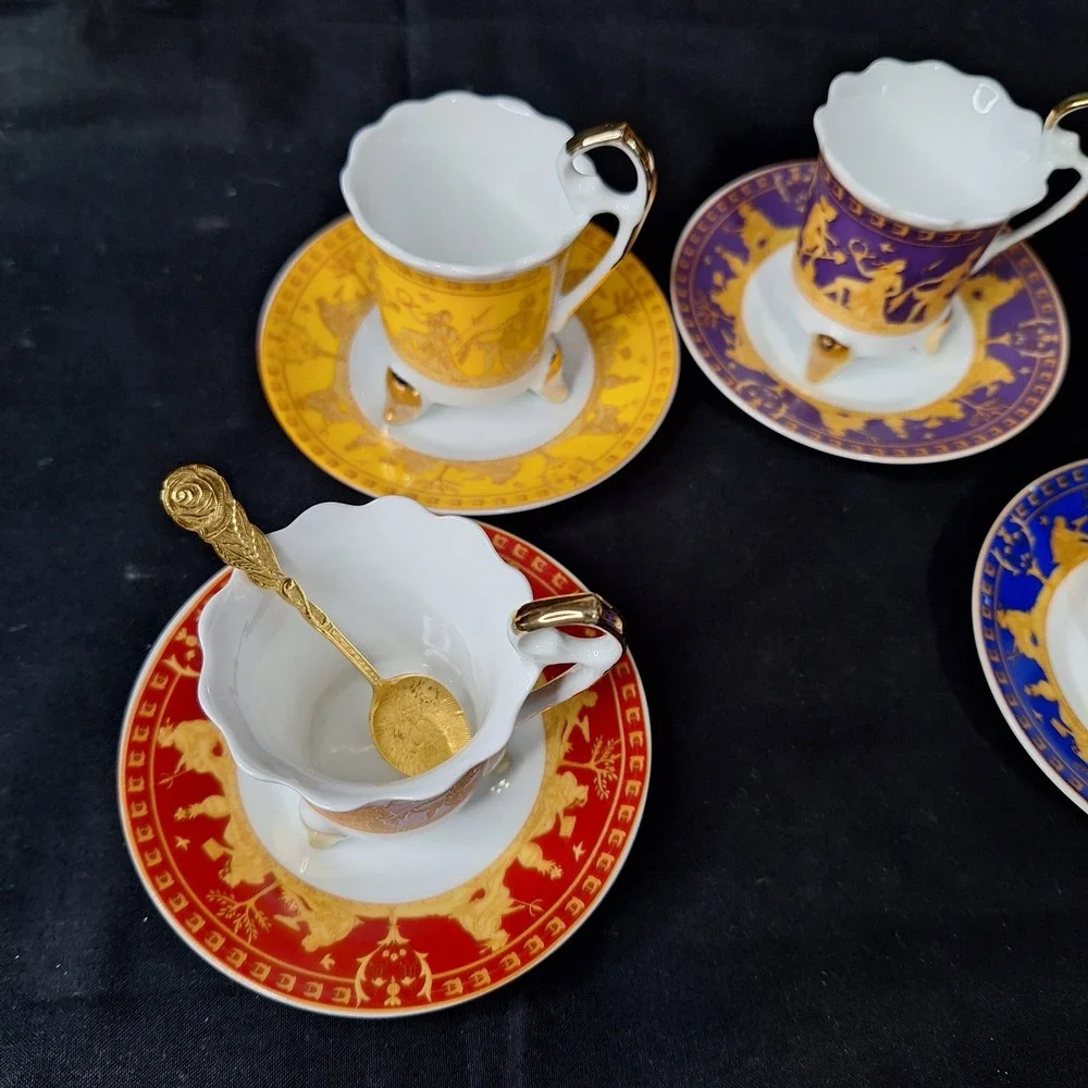 1940s Duca Di Bavaria Espresso Cup Saucer Set 4 Colors Greek Mythology Gold Trim